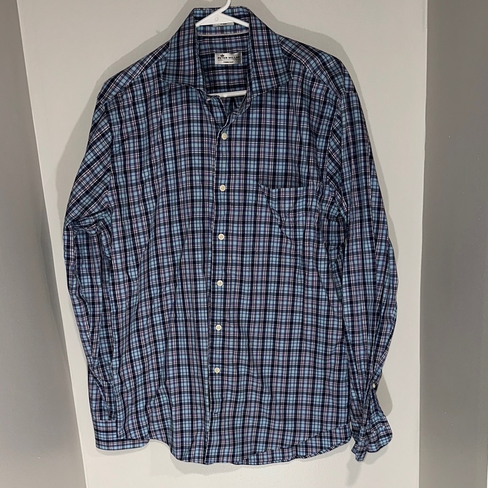 Peter Millar Navy and Light Blue Checkered Shirt. Size L. 100% Cotton.